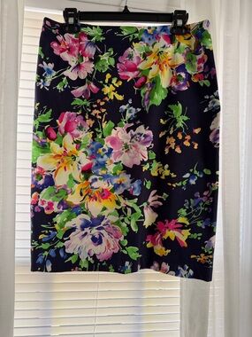 Floral Pencil Skirt in Navy with Multi-Color Print